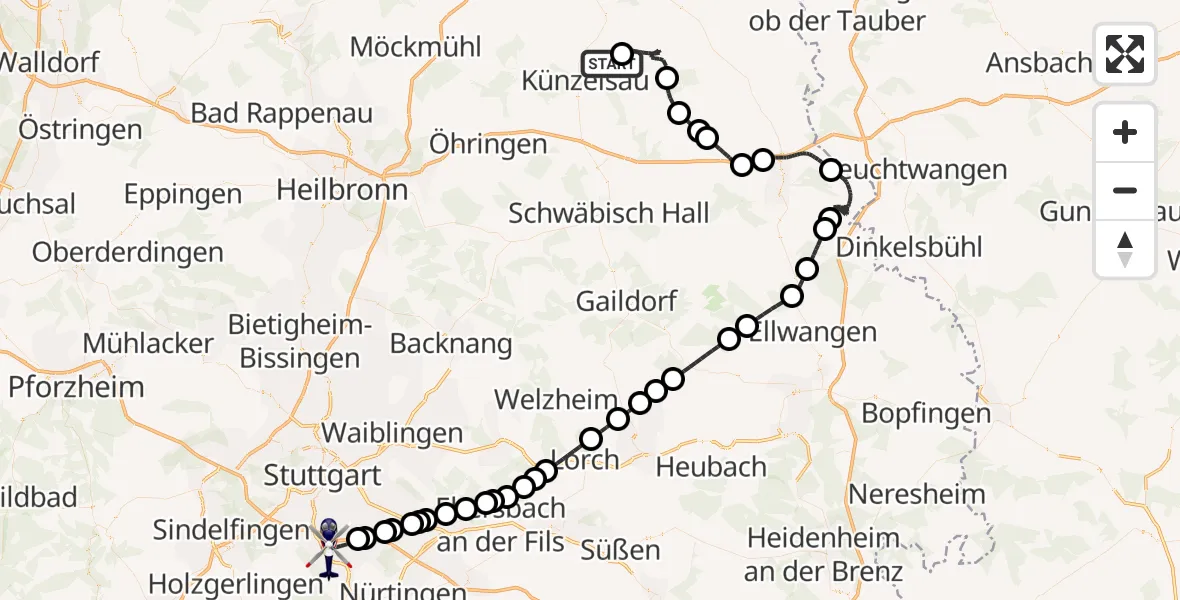 Flugroute Polizeihubschrauber Ingelfingen - Flughafen Stuttgart, 21 Mai 2026, 21:00