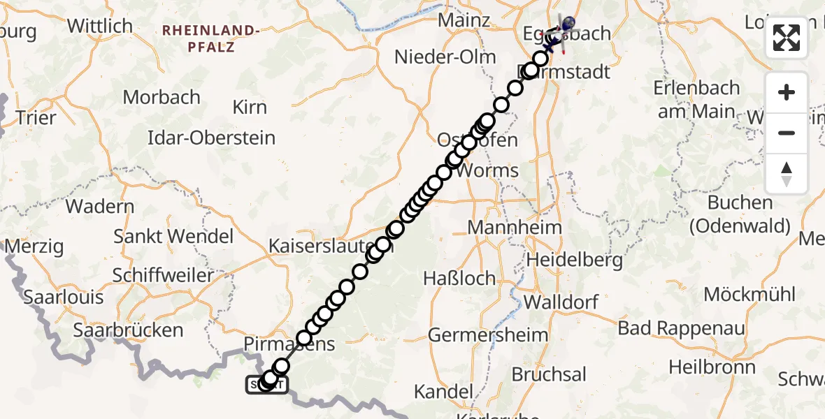 Flugroute Polizeihubschrauber Hilst - Flughafen Frankfurt-Egelsbach, 21 Mai 2026, 21:01