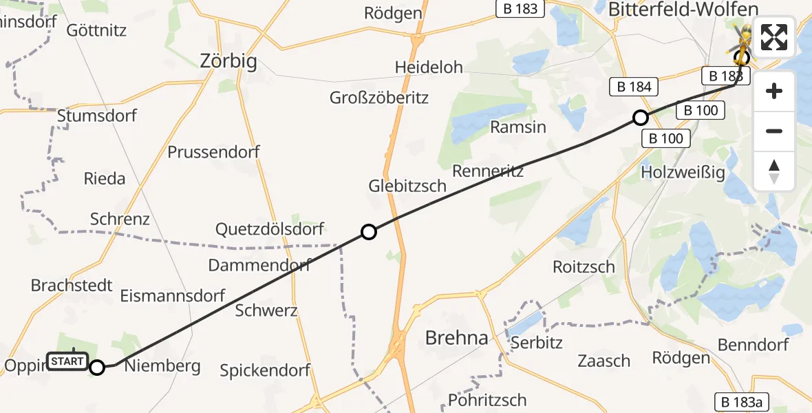 Flugroute Rettungshubschrauber Halle-Oppin Flugplatz - Bitterfield-Wolfen Health Center Hubschrauberlandeplatz, 21 Mai 2026, 21:16