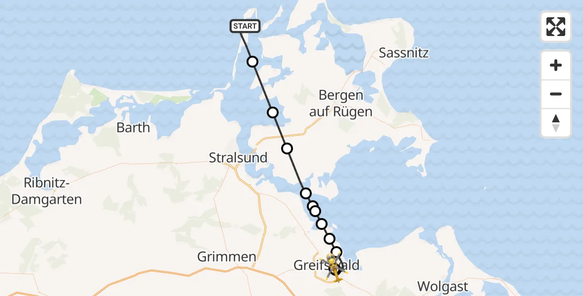 Flugroute Rettungshubschrauber Insel Hiddensee - Greifswald Hospital, 21 Mai 2026, 21:27