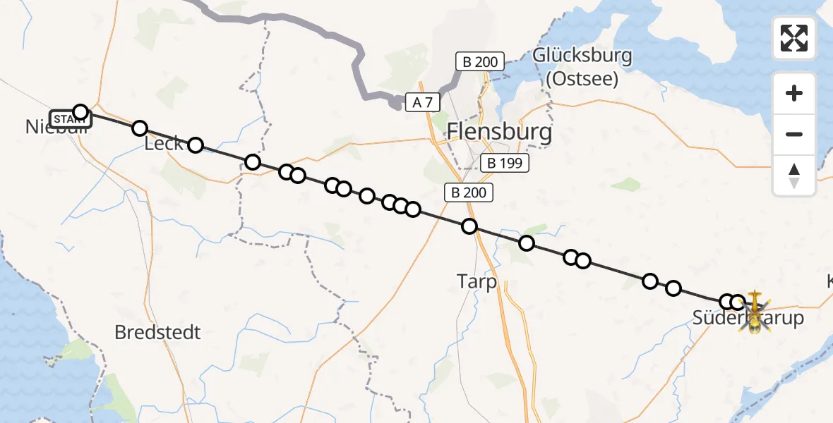 Flugroute Rettungshubschrauber Niebüll - Süderbrarup, 21 Mai 2026, 21:34