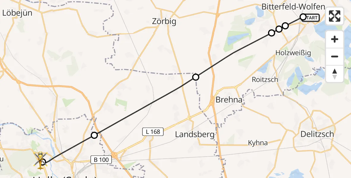 Flugroute Rettungshubschrauber Bitterfield-Wolfen Health Center Hubschrauberlandeplatz - Halle (Saale) University Hospital, 21 Mai 2026, 22:08