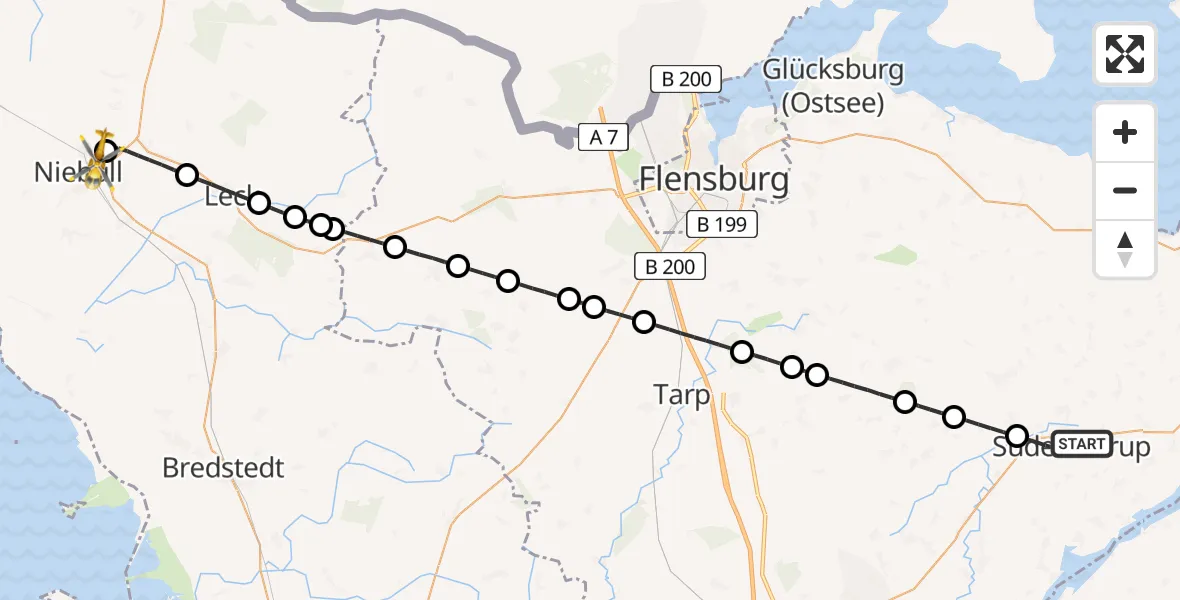 Flugroute Rettungshubschrauber Süderbrarup - Niebüll, 21 Mai 2026, 22:27