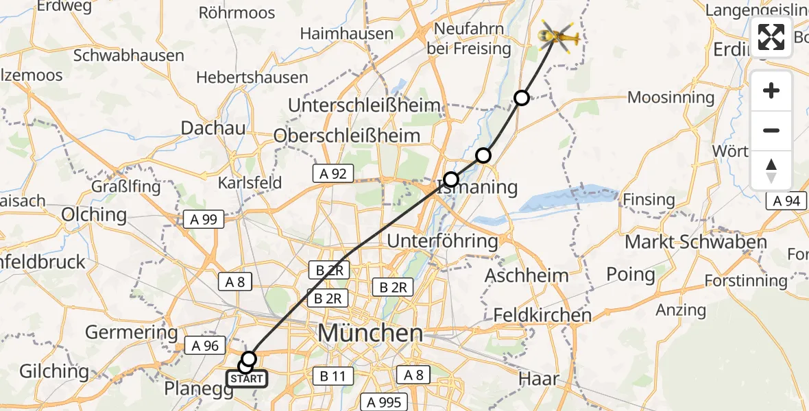 Flugroute Rettungshubschrauber DRF Air Rescue München Hubschrauberlandeplatz - Hallbergmoos, 21 Mai 2026, 22:42