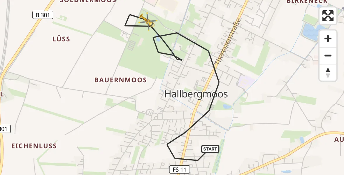 Flugroute Rettungshubschrauber Hallbergmoos - Hallbergmoos, 21 Mai 2026, 22:55