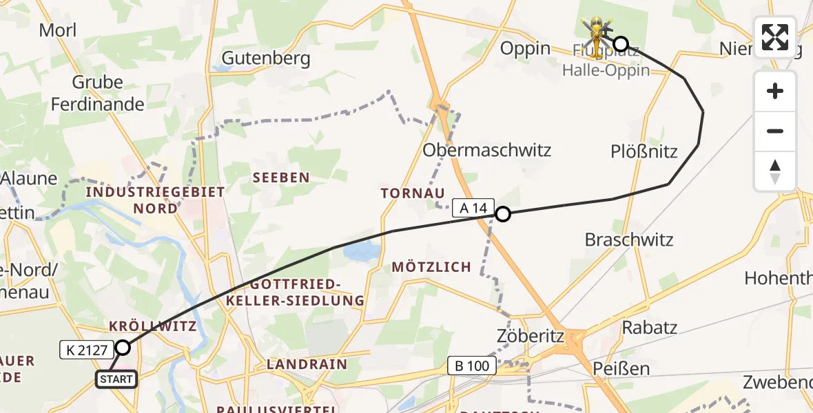 Flugroute Rettungshubschrauber Halle (Saale) University Hospital - Halle-Oppin Flugplatz, 21 Mai 2026, 23:15