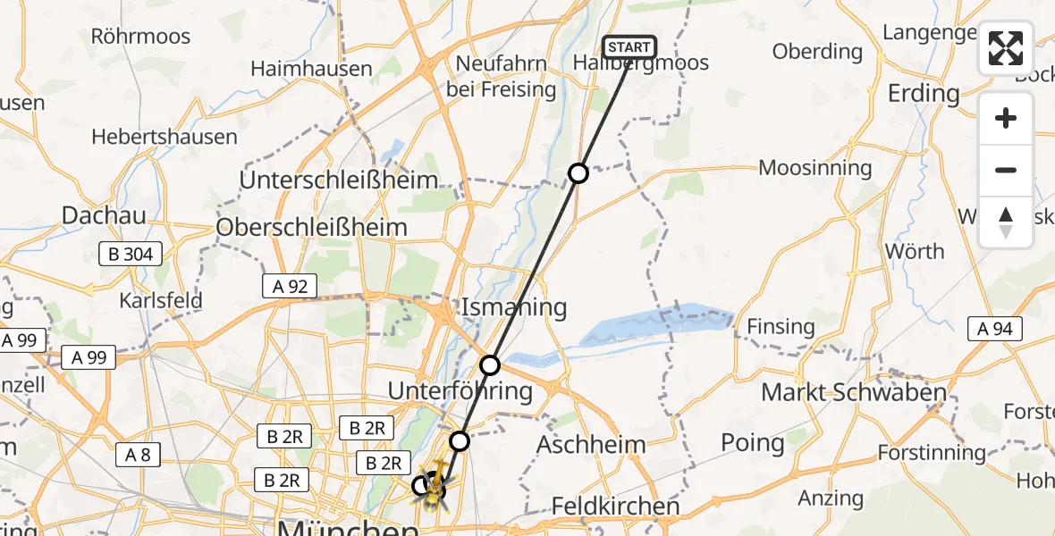 Flugroute Rettungshubschrauber Hallbergmoos - München Bogenhausen Hospital, 21 Mai 2026, 23:18