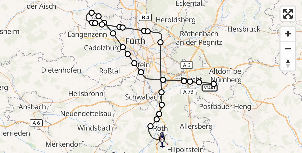 Flugroute Polizeihubschrauber Burgthann - Flugplatz Roth, 21 Mai 2026, 23:46