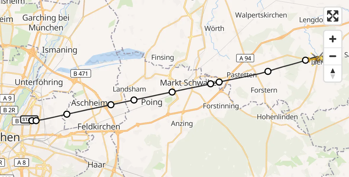 Flugroute Rettungshubschrauber München Bogenhausen Hospital - Isen, 21 Mai 2026, 23:58