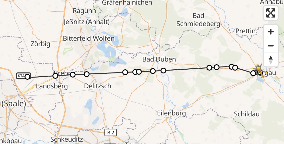 Flugroute Rettungshubschrauber Halle-Oppin Flugplatz - Torgau District Hospital, 22 Mai 2026, 00:12