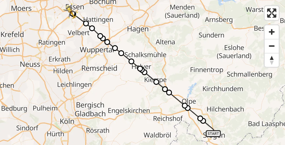 Flugroute Ambulanzhubschrauber Siegen - Essen, 22 Mai 2026, 00:14