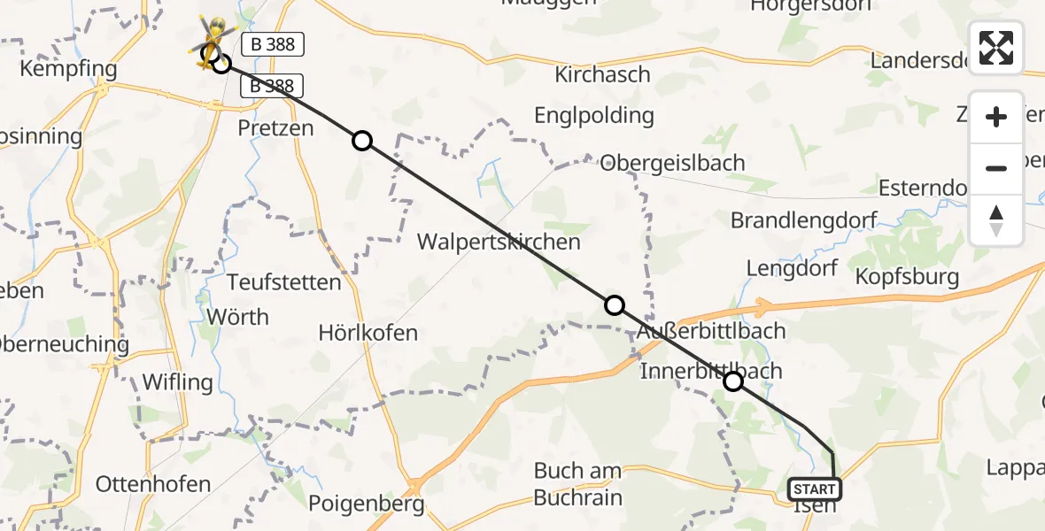 Flugroute Rettungshubschrauber Isen - Erding District Hospital, 22 Mai 2026, 00:31