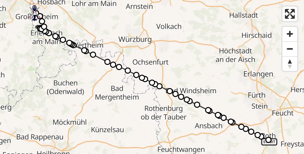 Flugroute Polizeihubschrauber Flugplatz Roth - Flugplatz Aschaffenburg, 22 Mai 2026, 00:36