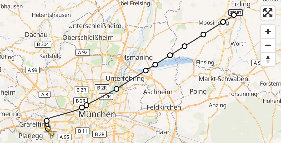 Flugroute Rettungshubschrauber Erding District Hospital - DRF Air Rescue München Hubschrauberlandeplatz, 22 Mai 2026, 00:59