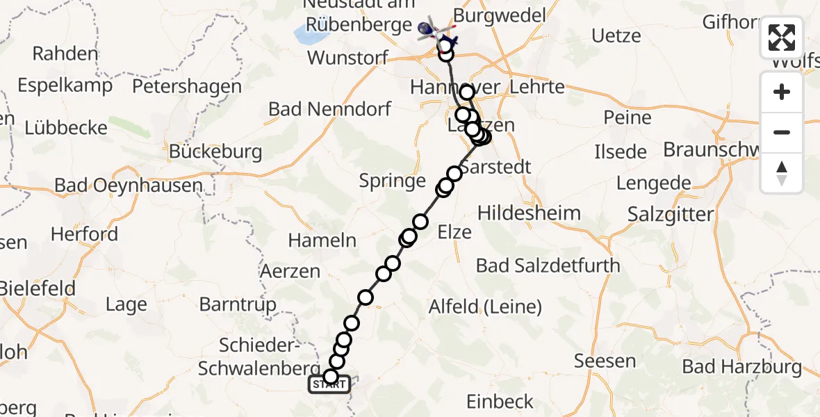Flugroute Polizeihubschrauber Höxter - Flughafen Hannover, 22 Mai 2026, 01:22