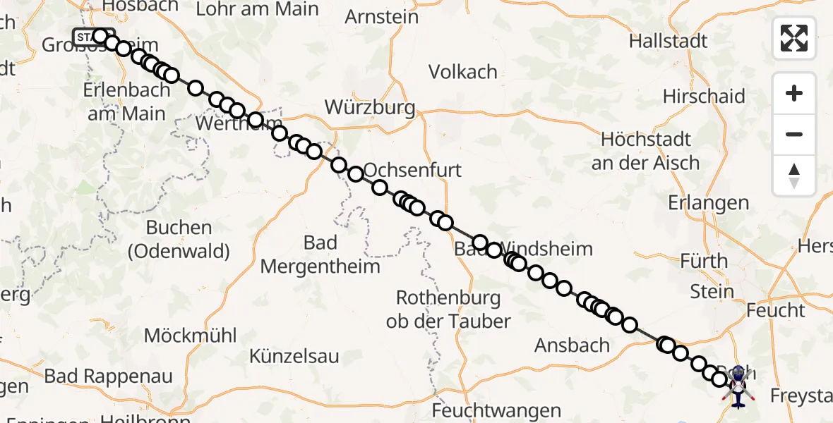 Flugroute Polizeihubschrauber Flugplatz Aschaffenburg - Flugplatz Roth, 22 Mai 2026, 02:38