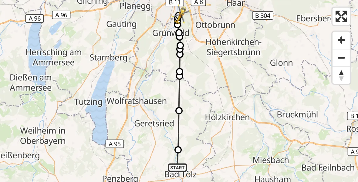 Flugroute Rettungshubschrauber Bad Tölz - ADAC Air Rescue Center Hubschrauberlandeplatz (Christoph 1), 22 Mai 2026, 04:01