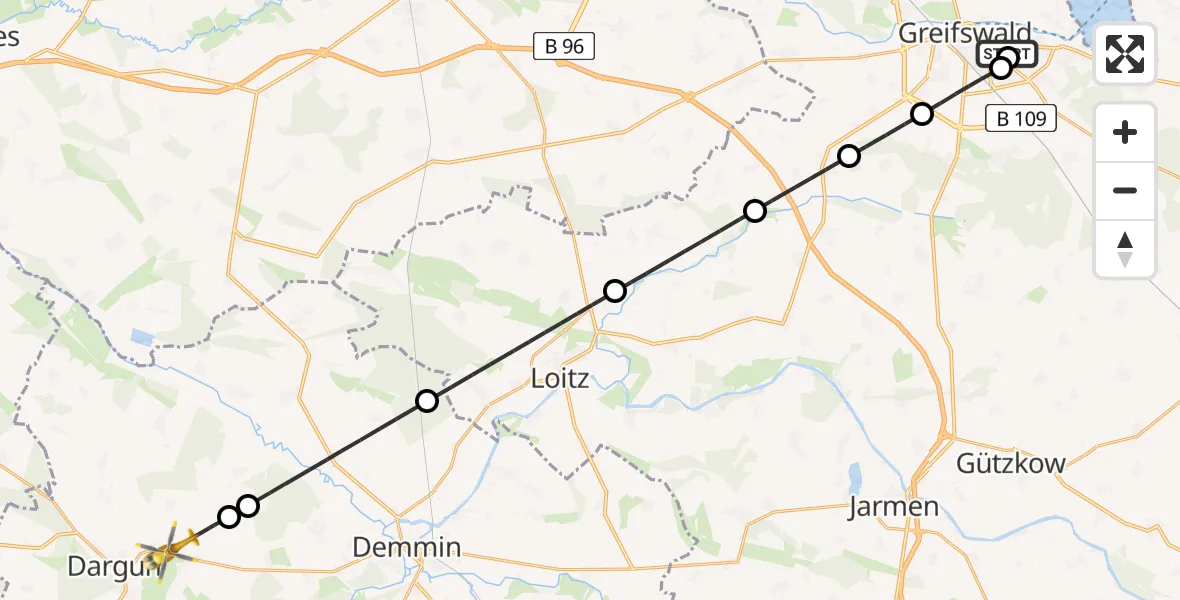 Flugroute Rettungshubschrauber Greifswald Hospital - Dargun, 22 Mai 2026, 04:21