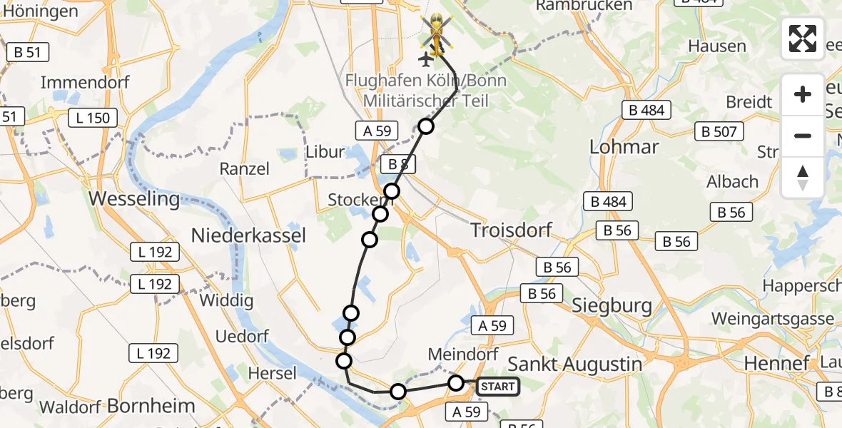 Flugroute Rettungshubschrauber Sankt Augustin - Köln Bonn Flughafen, 22 Mai 2026, 04:33