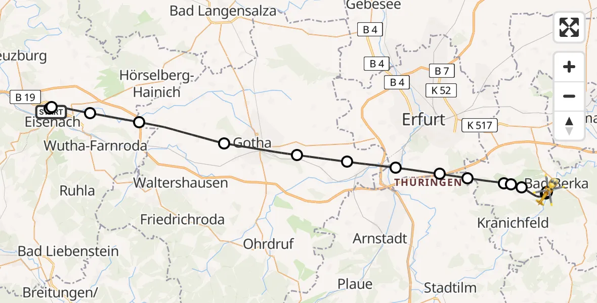 Flugroute Ambulanzhubschrauber Sankt Georg Hospital Eisenach - Bad Berka Central Hospital, 22 Mai 2026, 04:44