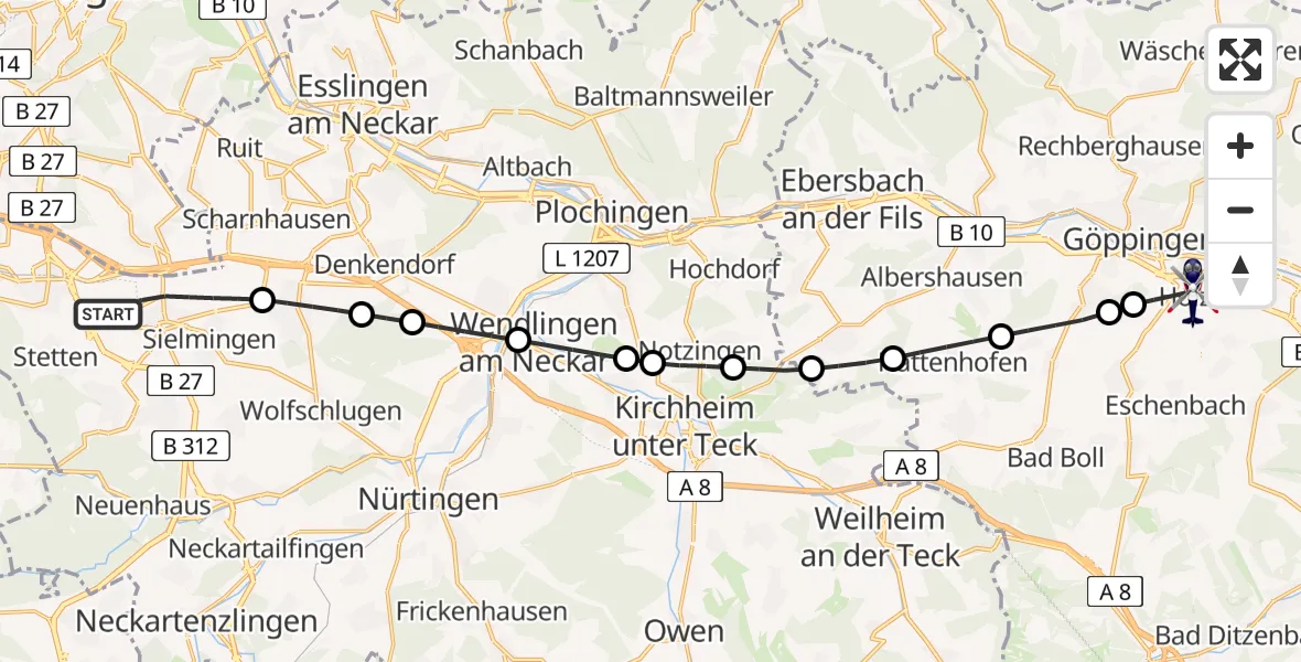 Flugroute Polizeihubschrauber Flughafen Stuttgart - Göppingen, 22 Mai 2026, 04:55