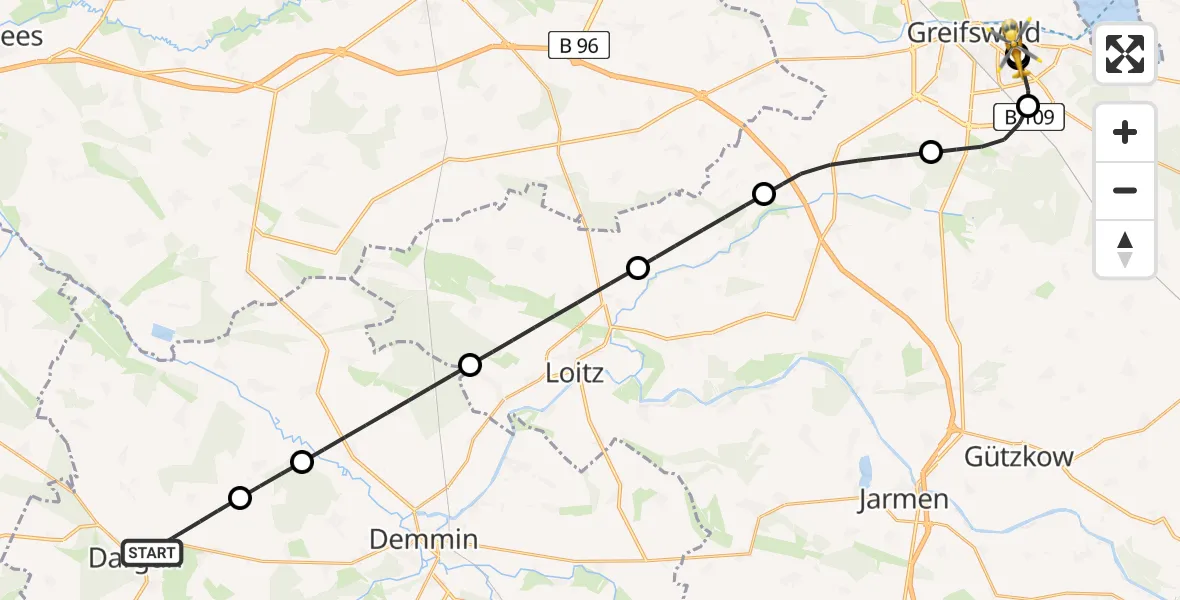 Flugroute Rettungshubschrauber Dargun - Greifswald Hospital, 22 Mai 2026, 04:58