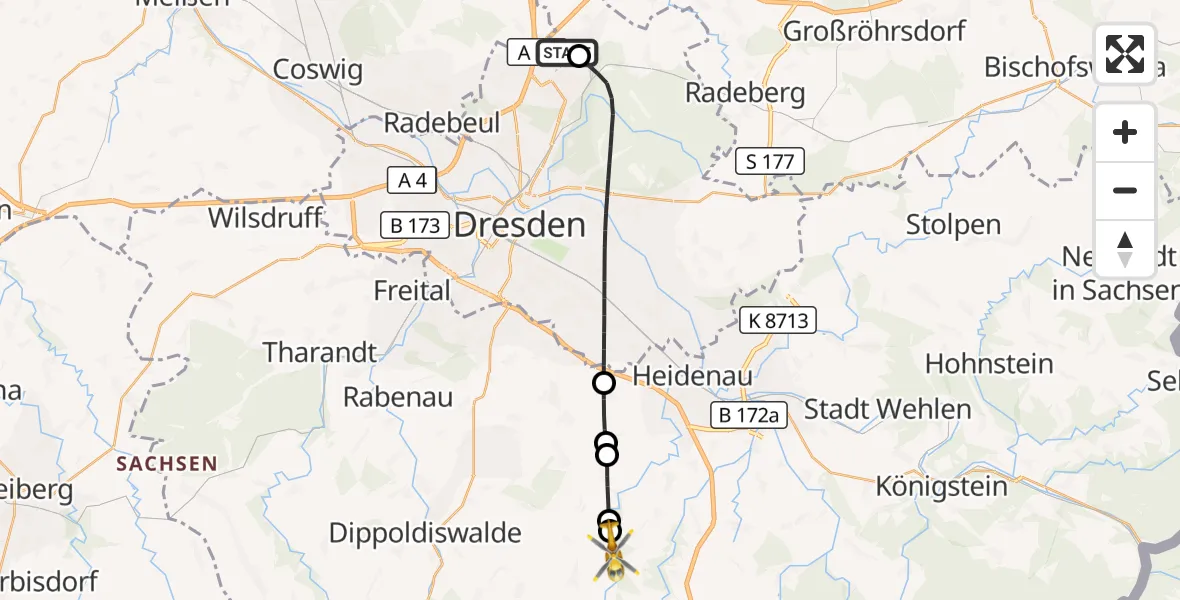 Flugroute Rettungshubschrauber Dresden Bundespolizei Hubschrauberlandeplatz - Glashütte, 22 Mai 2026, 05:11
