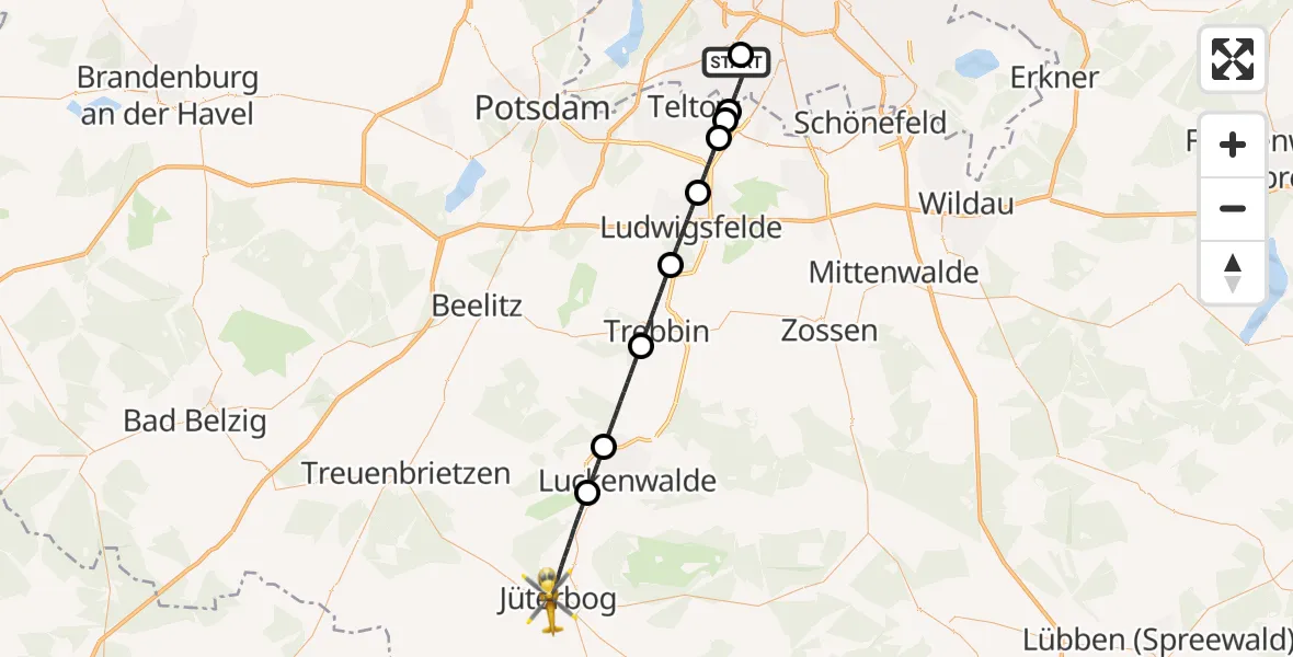 Flugroute Rettungshubschrauber Charité Clinic Benjamin Franklin Campus - Jüterbog, 22 Mai 2026, 05:40
