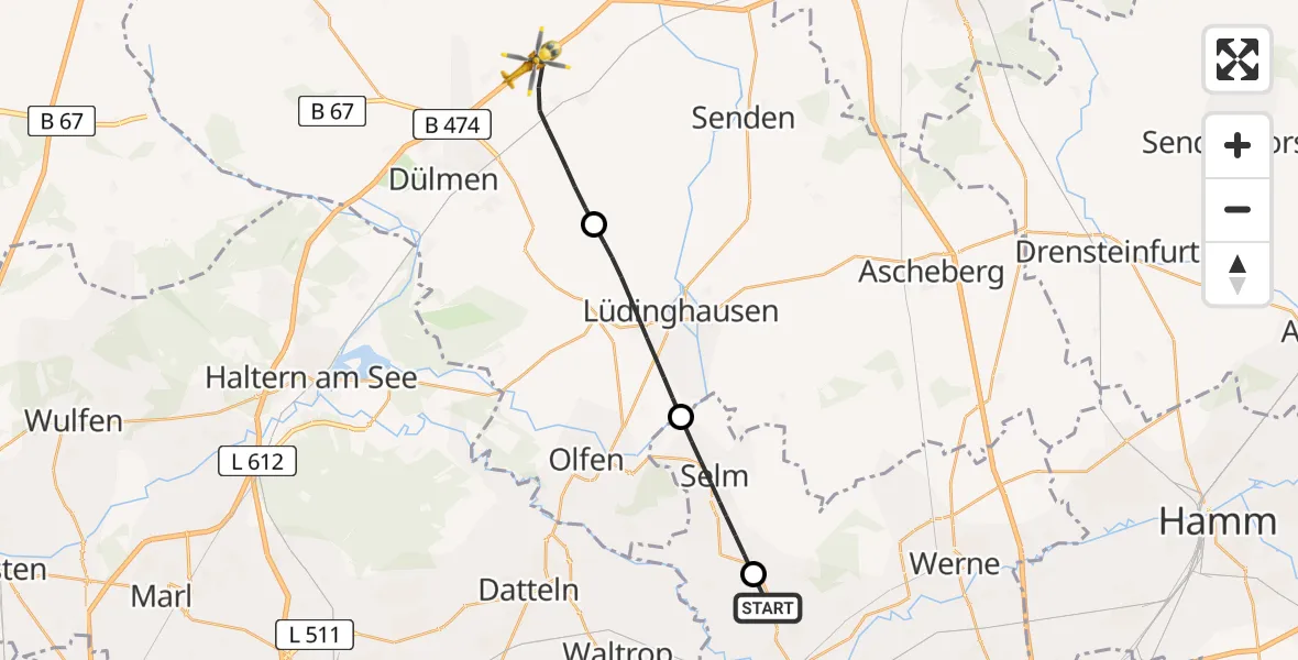 Flugroute Rettungshubschrauber Lünen - Dülmen, 22 Mai 2026, 05:43