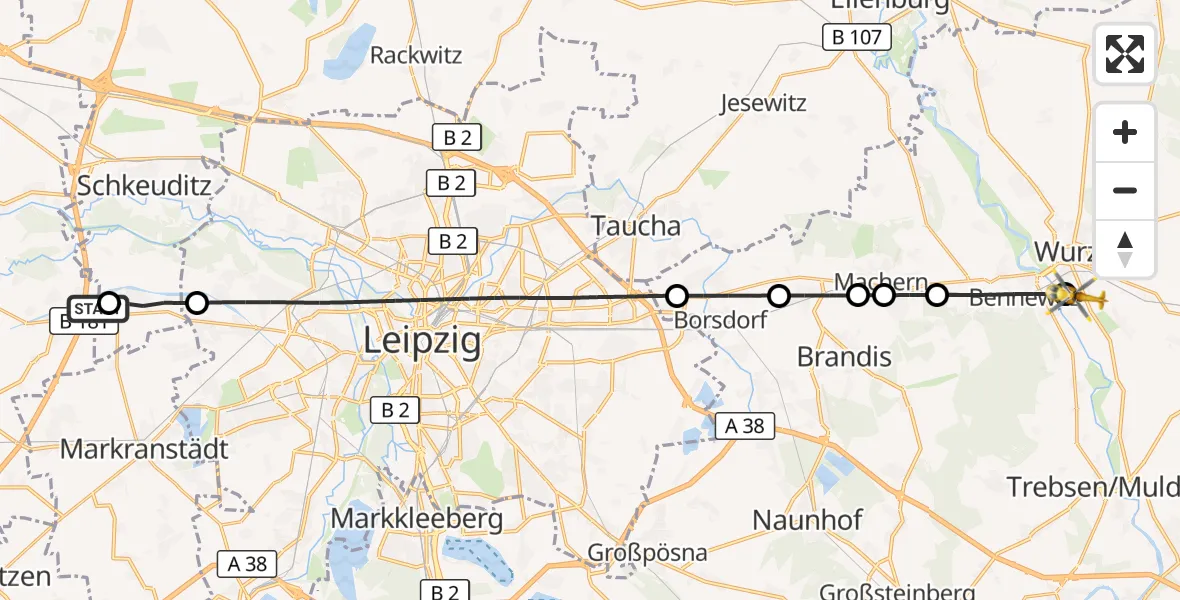 Flugroute Rettungshubschrauber ADAC Air Rescue Station Leipzig/Schkeuditz-Dölzig Hubschrauberlandeplatz (Christoph 61) - Wurzen, 22 Mai 2026, 05:48