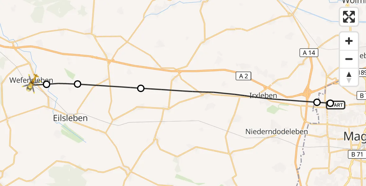 Flugroute Rettungshubschrauber Magdeburg Hospital - Wefensleben, 22 Mai 2026, 06:05