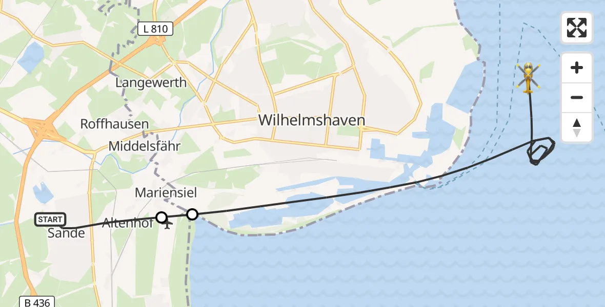 Flugroute Rettungshubschrauber Sande - Wilhelmshaven, 22 Mai 2026, 06:11