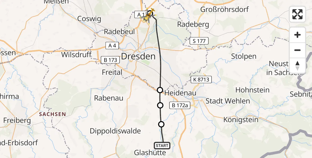 Flugroute Rettungshubschrauber Liebstadt - Dresden Bundespolizei Hubschrauberlandeplatz, 22 Mai 2026, 06:19