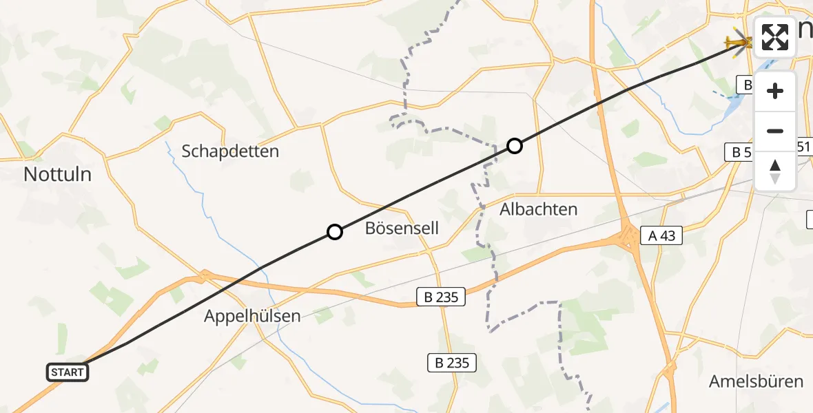 Flugroute Rettungshubschrauber Nottuln - Münster, 22 Mai 2026, 06:22