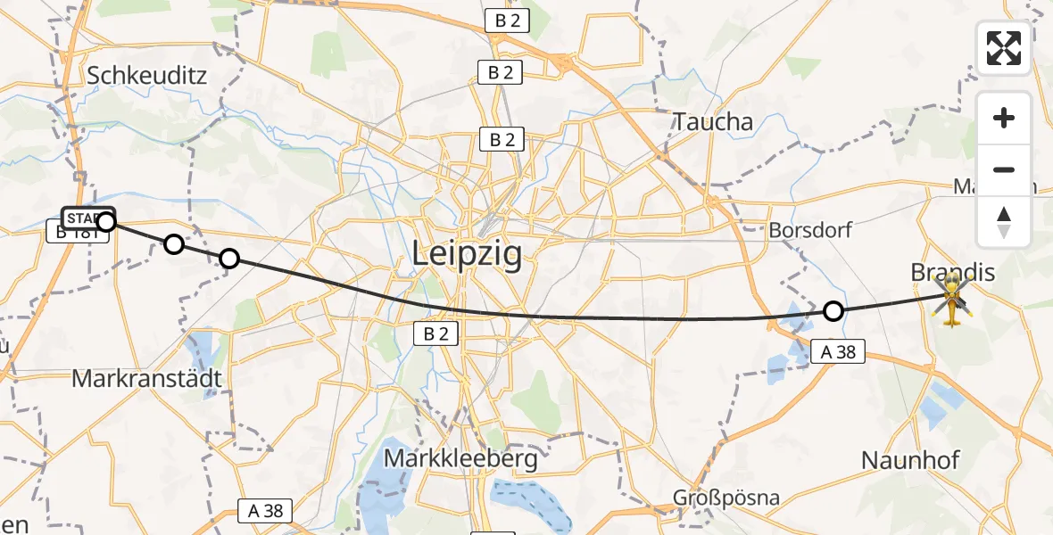 Flugroute Rettungshubschrauber ADAC Air Rescue Station Leipzig/Schkeuditz-Dölzig Hubschrauberlandeplatz (Christoph 61) - Brandis, 22 Mai 2026, 06:32