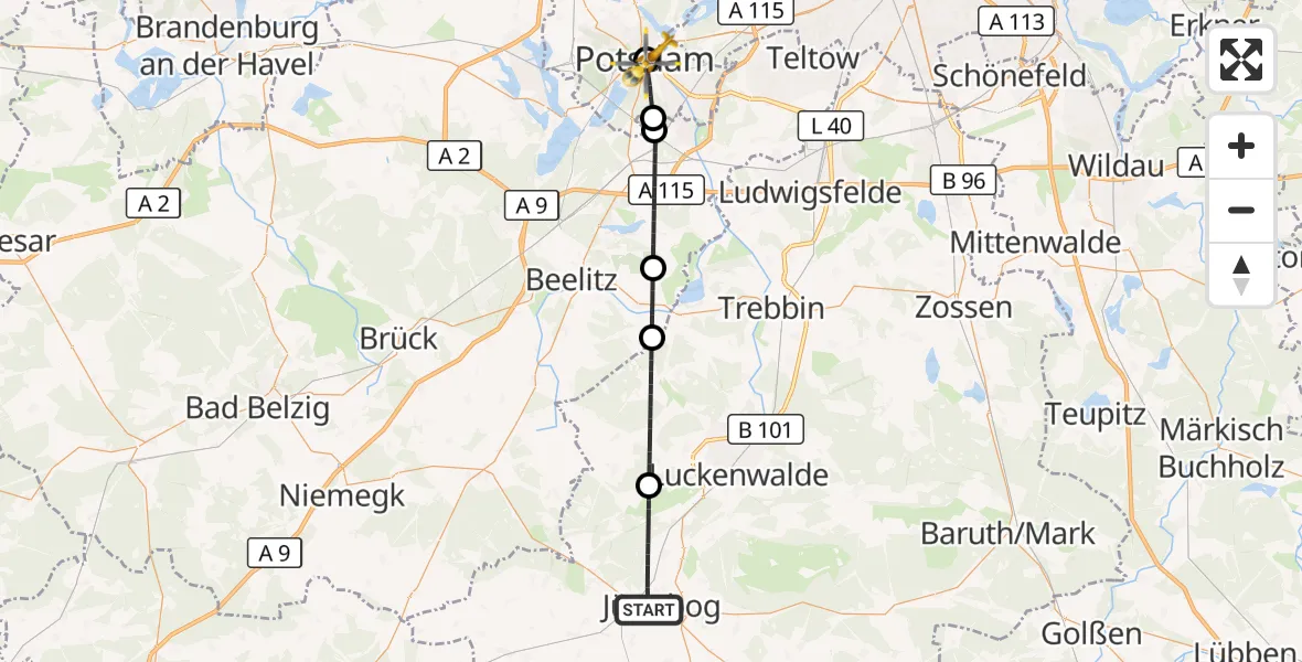 Flugroute Rettungshubschrauber Jüterbog - Ernst von Bergmann Clinic Hubschrauberlandeplatz, 22 Mai 2026, 06:33