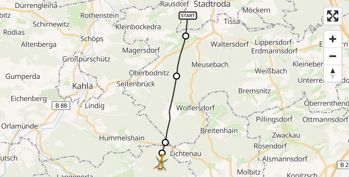 Flugroute Rettungshubschrauber Stadtroda - Langenorla, 22 Mai 2026, 06:47