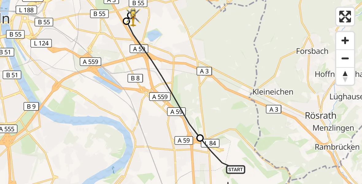 Flugroute Rettungshubschrauber Köln Bonn Flughafen - Merheim Hospital, 22 Mai 2026, 06:58