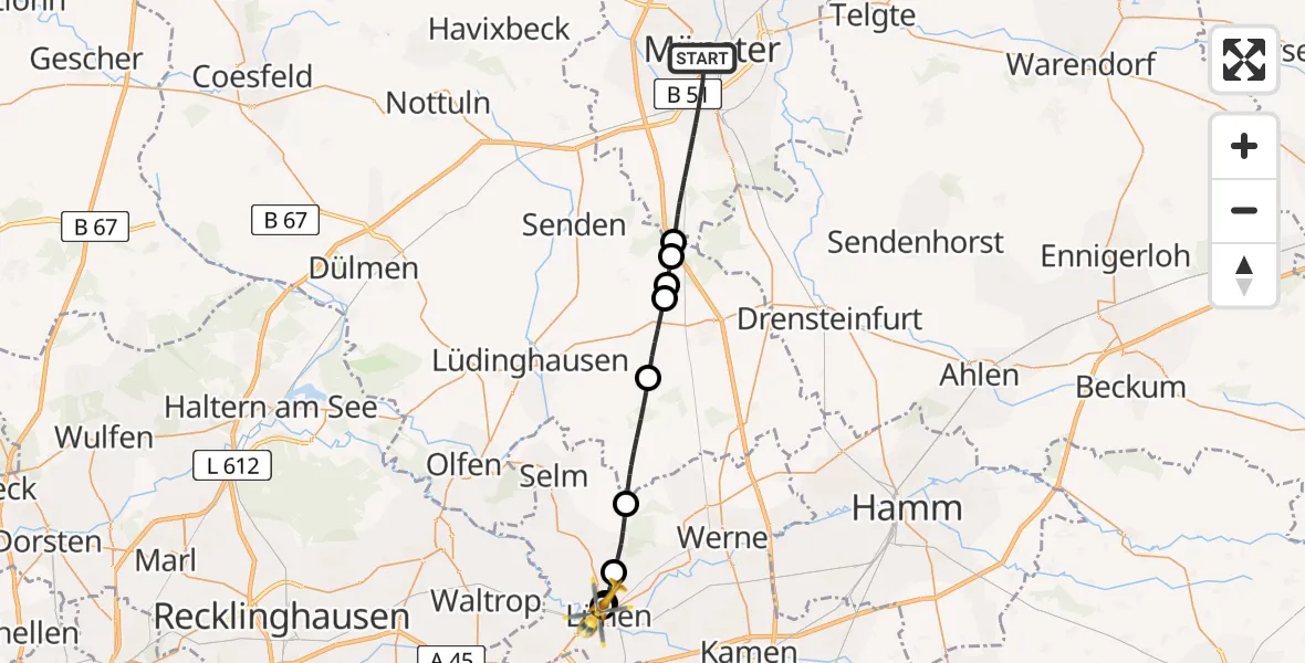 Flugroute Rettungshubschrauber Münster - Sankt Marien Hospital, 22 Mai 2026, 07:01