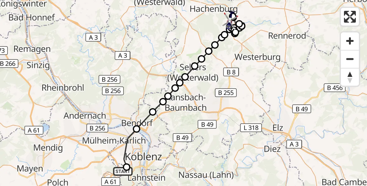 Flugroute Polizeihubschrauber Koblenz-Winningen Flugplatz - Alpenrod, 22 Mai 2026, 07:04