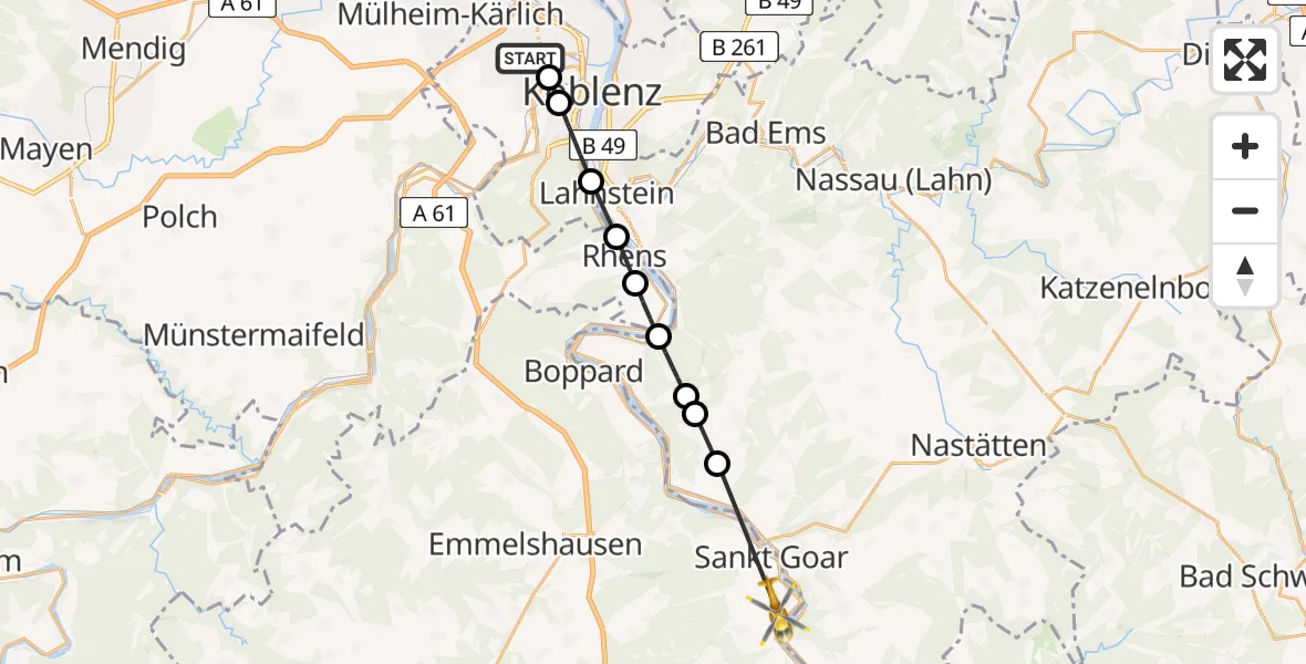 Flugroute Rettungshubschrauber Koblenz - Urbar, 22 Mai 2026, 07:10