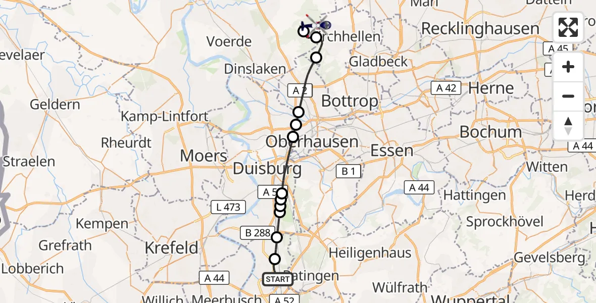Flugroute Polizeihubschrauber Düsseldorf Flughafen - Dinslaken-Schwarze Heide Flugplatz, 22 Mai 2026, 07:17