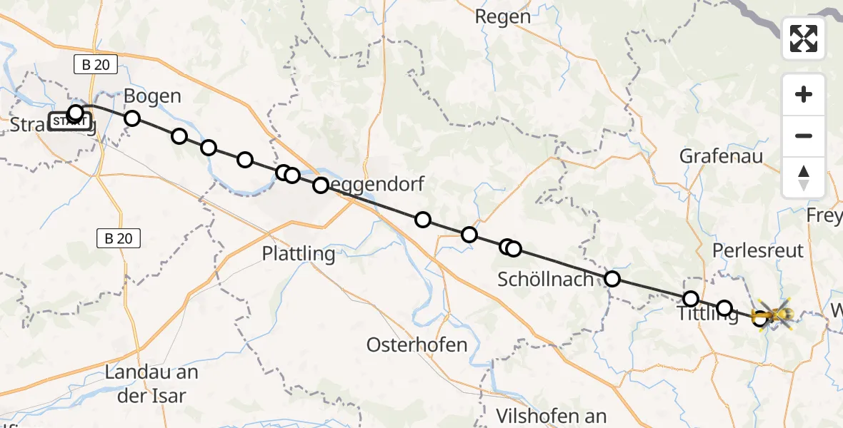 Flugroute Rettungshubschrauber Sankt Elisabeth Hospital Straubing - Fürsteneck, 22 Mai 2026, 07:17