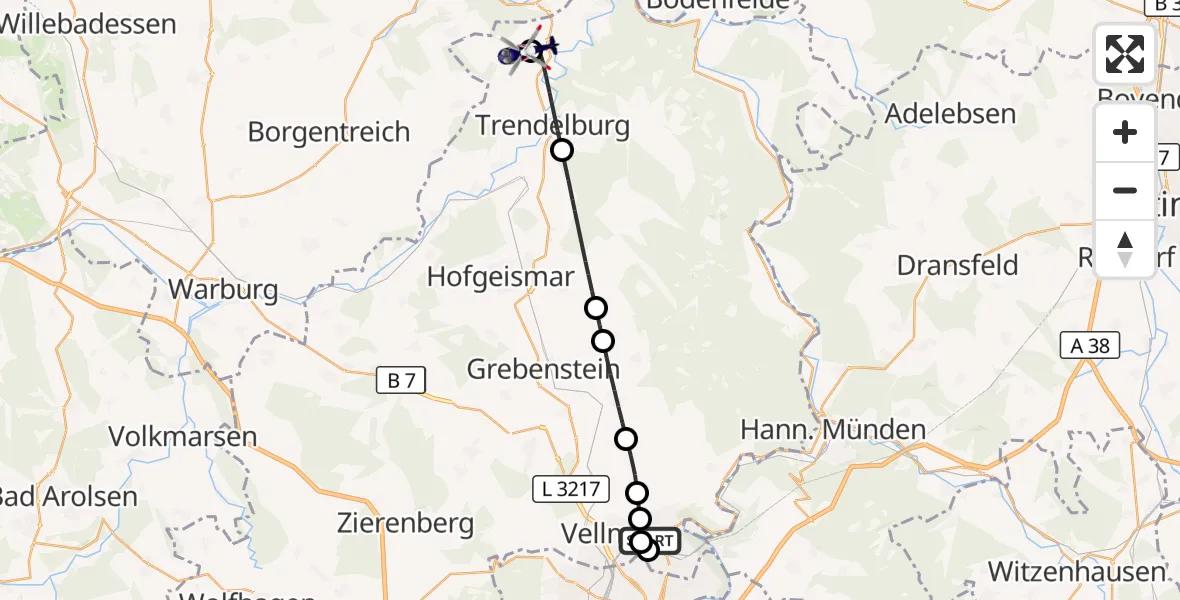 Flugroute Polizeihubschrauber Fuldatal Bundespolizei Hubschrauberlandeplatz - Hölleberg Flugplatz, 22 Mai 2026, 07:23