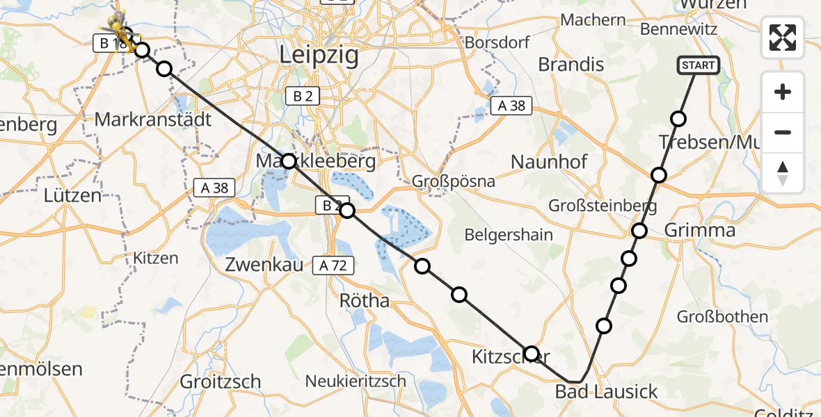 Flugroute Rettungshubschrauber Bennewitz - ADAC Air Rescue Station Leipzig/Schkeuditz-Dölzig Hubschrauberlandeplatz (Christoph 61), 22 Mai 2026, 07:30