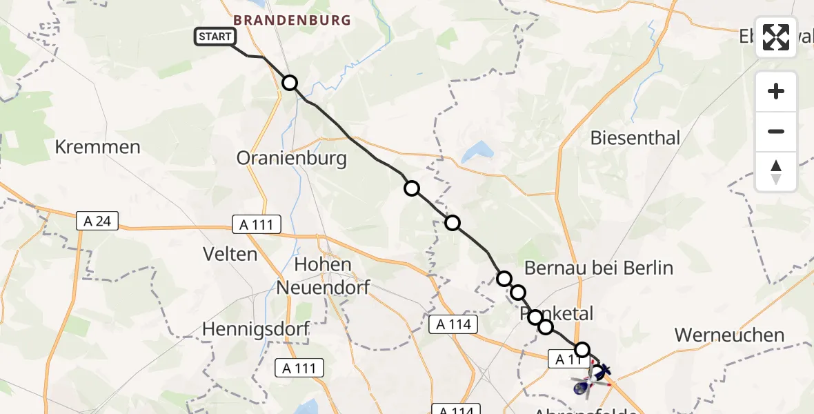 Flugroute Polizeihubschrauber Löwenberger Land - Ahrensfelde Hubschrauberlandeplatz, 22 Mai 2026, 07:31
