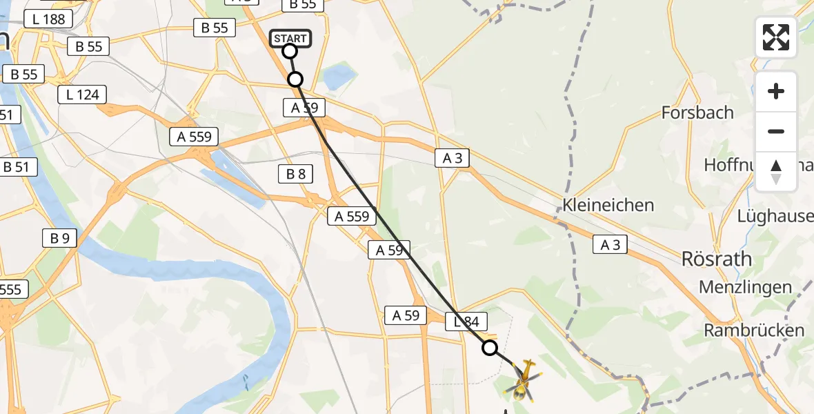 Flugroute Rettungshubschrauber Merheim Hospital - Köln Bonn Flughafen, 22 Mai 2026, 07:33