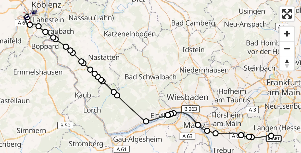 Flugroute Polizeihubschrauber Flughafen Frankfurt-Egelsbach - Winningen, 22 Mai 2026, 07:35