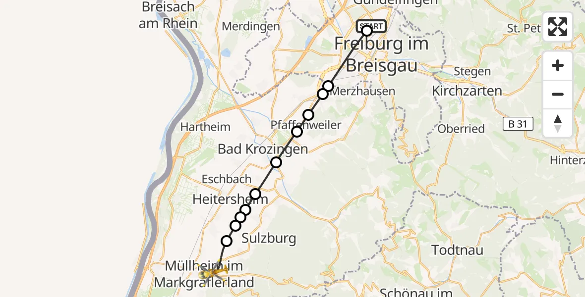 Flugroute Rettungshubschrauber Freiburg im Breisgau Flugplatz - Müllheim im Markgräflerland, 22 Mai 2026, 07:35