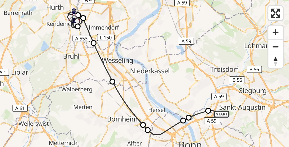 Flugroute Polizeihubschrauber Sankt Augustin - Hürth, 22 Mai 2026, 07:36